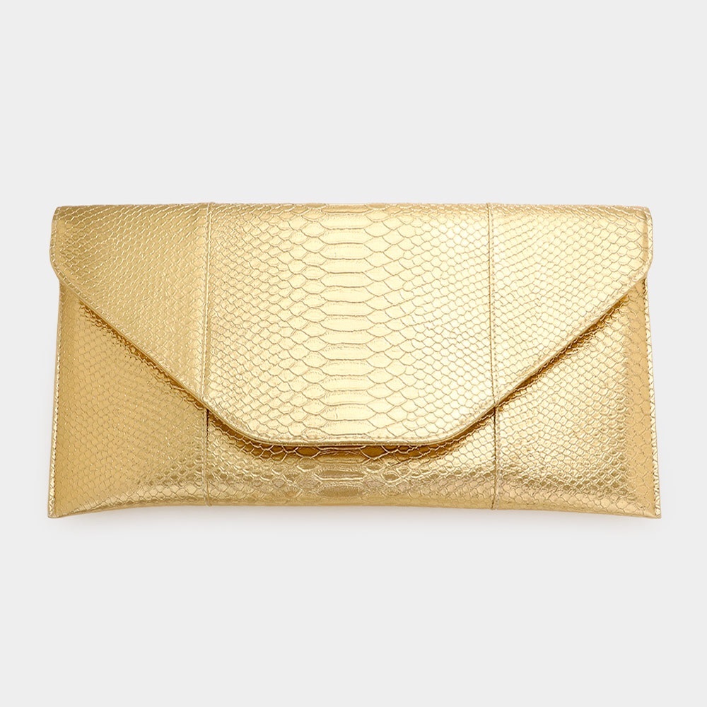 Gold Animal Print Crocodile Skin Patterned Envelope Clutch Bag